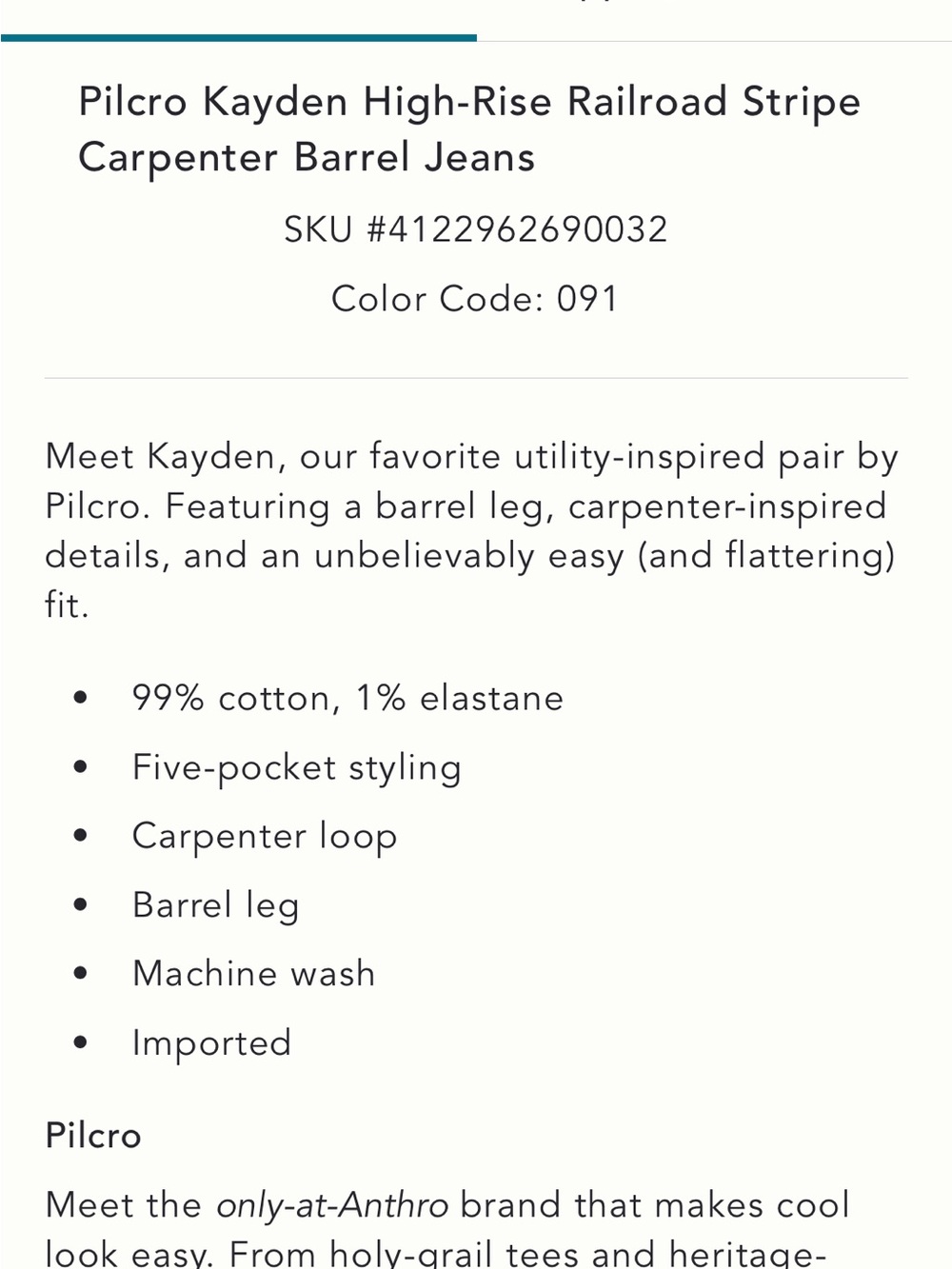 NWT PILCRO ANTHROPOLOGIE RAILROAD KAYDEN CARPENTER JEANS. SIZE 28 PETITE. - Picture 10 of 10